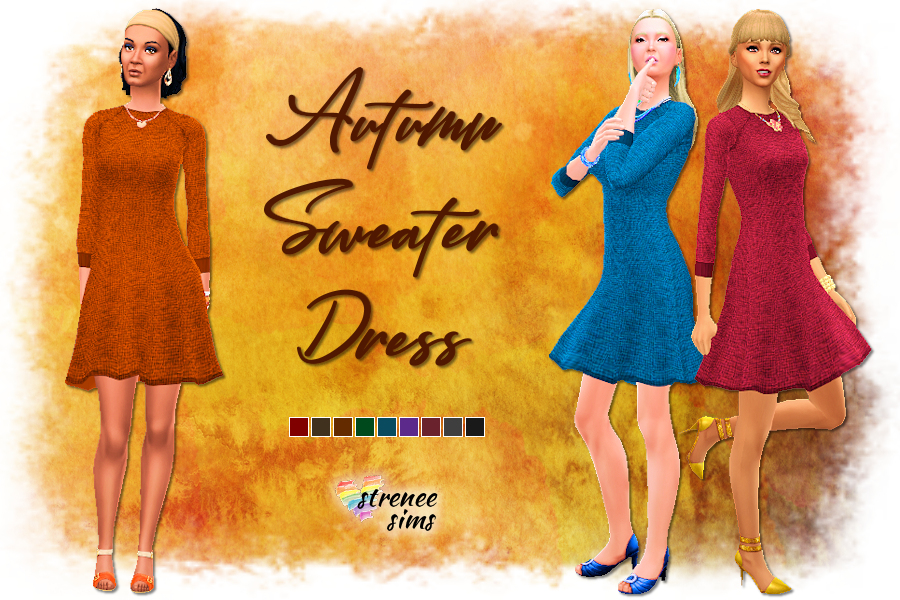 Autumn Sweater Dress by strenee sims | Warm sweater dresses for the Autumn weather #Sims4cc #Sims4Seasons #Sims4 | www.streneesims.com