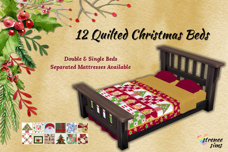 12 Single & Double Quilted Christmas Beds | 12 Christmas Quilted Beds includes separated mattresses | #sims4 #ts4 www.streneesims.com