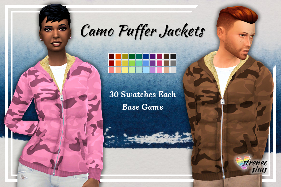 Camo Puffer Jacket | Warm winter jackets for your Sims | #Sims4 #ts4 | www.streneesims.com