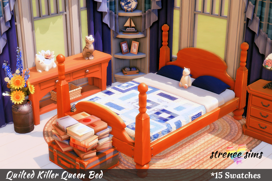 Quilted Killer Queen Bed | 15 quilted beds to keep your Sims warm! #ts4 #ts4cc #sims4 | www.streneesims.com